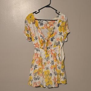 Free People Part Time Lover Floral Tie‎ Front Mini Dress Size 4 Yellow Gray